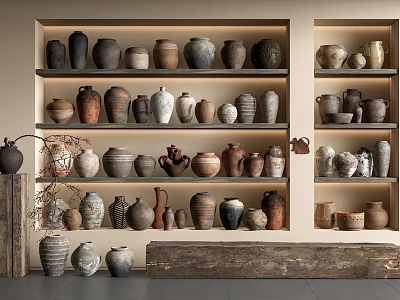 Vintage Rustic Ceramic Vessels Displayed On Wooden Shelves With Various Sizes And Shapes 3d model
