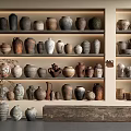 Vintage Rustic Ceramic Vessels Displayed On Wooden Shelves With Various Sizes And Shapes
