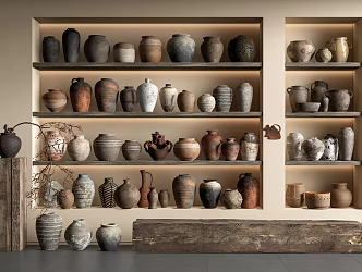 Quiet Pottery Pot Ceramic Utensils Pottery Pot Ornaments Combination Tea Pot Old Wood Bench 3d model