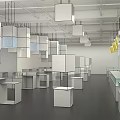Modern Lounge Area Interior With Wooden Stairs White Cubic Structures And Gray Walls