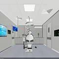 Modern Operating Room Featuring Medical Equipment Doctor Digital Screens Ceiling Lights And White Walls