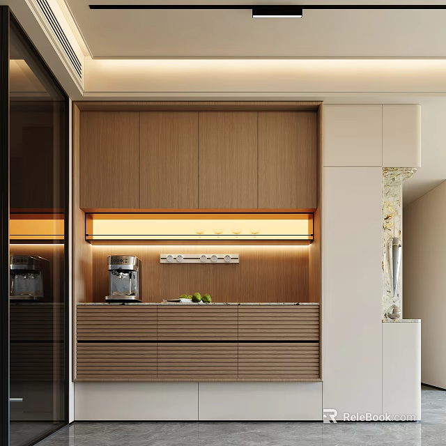 Elegant Modern Wooden Sideboard Interior With LED Lighting Countertop And Drawers 3d model 