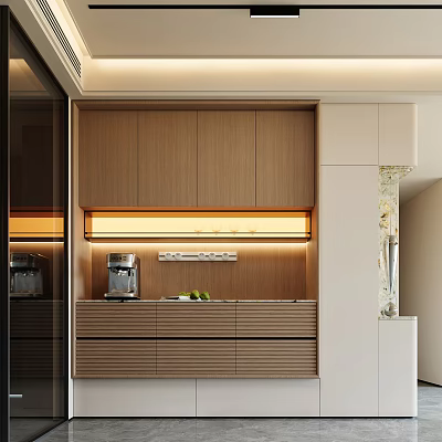 Elegant Modern Wooden Sideboard Interior With LED Lighting Countertop And Drawers 3d model