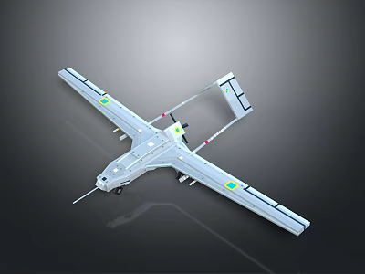 Gray Unmanned Aerial Drone With Long Wings Green Markers And Surveillance Body 3d model