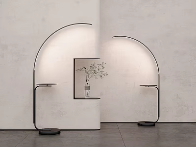 Modern Arched Floor Lamps With Black Base Shelf Vase Plant And White Wall 3d model