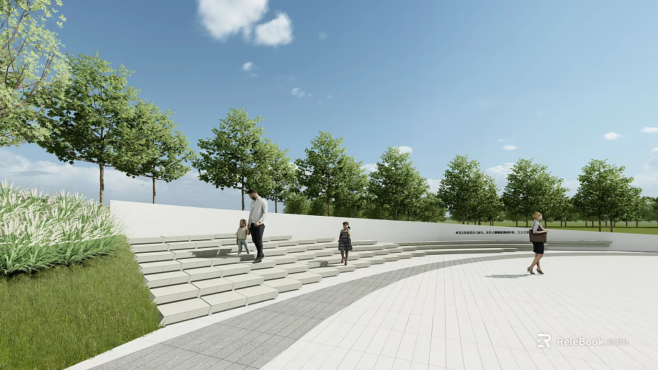 Modern Outdoor Stairs Design With White Steps Green Trees And People In Open Space 3d model 