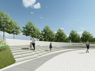 Modern Outdoor Stairs Design With White Steps Green Trees And People In Open Space 3d model