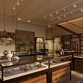 Elegant Jewelry Store Interior With Glass Display Cases Hanging Lights And Wooden Shelves