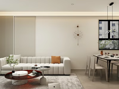 Modern Living Dining Room Interior With White Sofa Orange Cushion Round Coffee Table And Dining Chairs 3d model