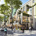 Vibrant Commercial Street With Modern Buildings Lush Greenery Pedestrians And Cyclists Trees