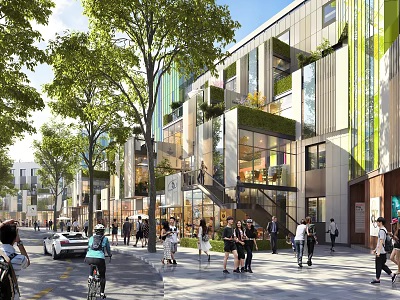 Vibrant Commercial Street With Modern Buildings Lush Greenery Pedestrians And Cyclists Trees 3d model