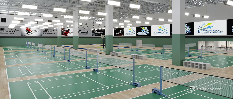 Indoor Badminton Courts With Green Floors White Lines And Wall Posters For Fitness 3d model 