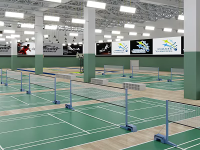 Indoor Badminton Courts With Green Floors White Lines And Wall Posters For Fitness 3d model