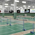 Indoor Badminton Courts With Green Floors White Lines And Wall Posters For Fitness