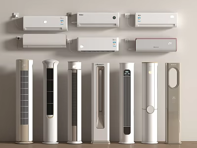 Various Types of Wall Mounted Air Conditioners and Tower Fans Displayed 3d model