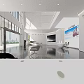 Modern Minimalist Corporate Reception With Sleek White Curved Desk And Spacious High Ceiling Lobby Design