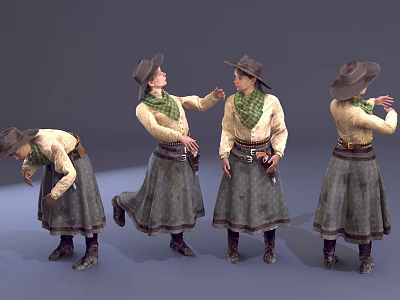Woman in traditional outfit with hat and scarf showing different poses against gray background 3d model
