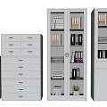 Grey Office File Cabinets With Drawers And Glass Doors Storing Folders Books And Potted Plant