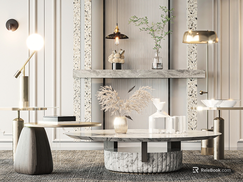 Luxury Modern Coffee Table with Marble Top Vase and Decorations on Patterned Rug 3d model 