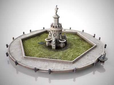 Garden Ornament Fountain With Central Statue Hexagonal Pool Stone Pavement And Decorative Details 3d model