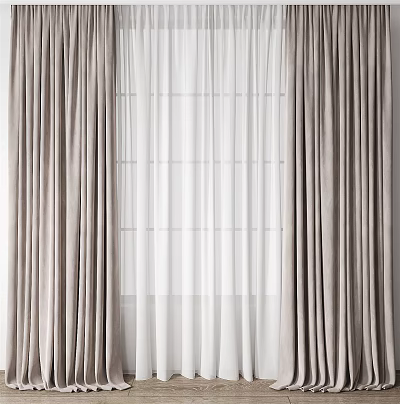 Elegant Gray Thick Velvet Curtains With White Sheer Panels For Modern Window Decor 3d model