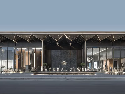 Modern Building Exterior of NATURAL DEWE with Glass Windows Metal Frames and Decorative Entrance 3d model