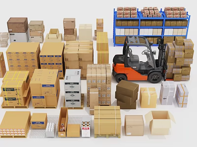 Warehouse Storage Shelves With Stacked Cardboard Boxes And Forklift In Facility 3d model