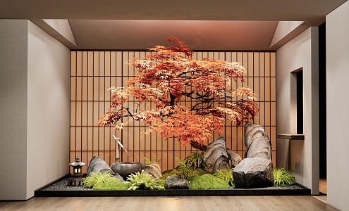 Japanese-style indoor plants landscaping courtyard sketch rockery stone moss plant red maple plant pile 3d model