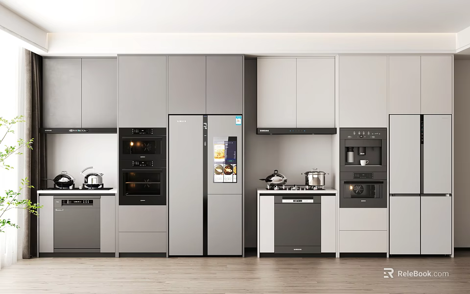 Modern Kitchen Interior Design Featuring Gray And White Cabinets And Appliances 3d model 