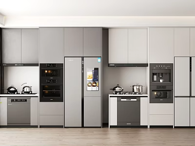 Modern Kitchen Interior Design Featuring Gray And White Cabinets And Appliances 3d model