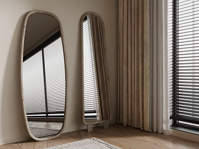 Two Floor Mirrors With Wooden Frames In Room With Curtains And Blinds 3d model