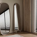 Two Floor Mirrors With Wooden Frames In Room With Curtains And Blinds