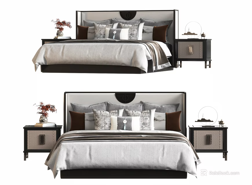 Modern Double Bed With Stylish Headboard Soft Blanket Decorative Pillows And Nightstands 3d model