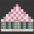 Cute Pixel Art Building With Pink White Checkered Roof And White Base Structure
