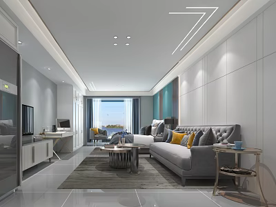 Modern Apartment Living Room With Grey Sofa Yellow Cushions And Sea View Through Floor-to-Ceiling Windows 3d model