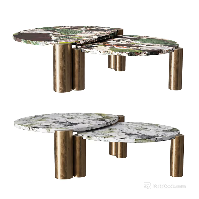 Modern Nesting Coffee Table Set With Marble Pattern Top And Metallic Cylindrical Legs 3d model 