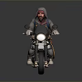 Vintage Motorcycle With Rider In Gray Hoodie Front Headlight And Black Wheels