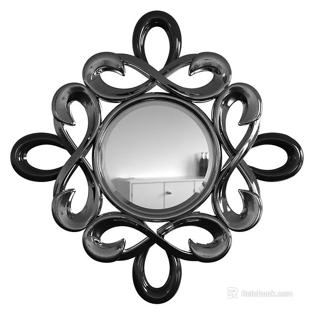 Black Decorative Mirror with Intricate Scrollwork Frame and Reflected White Cabinet Vase 3d model
