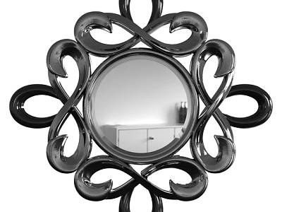 Black Decorative Mirror with Intricate Scrollwork Frame and Reflected White Cabinet Vase 3d model