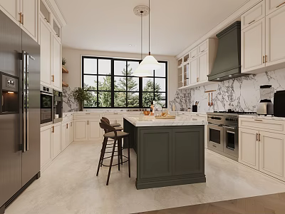 Modern Kitchen Interior With White Cabinets Dark Green Island Stainless Steel Appliances And Large Windows 3d model