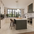 Modern Kitchen Interior With White Cabinets Dark Green Island Stainless Steel Appliances And Large Windows