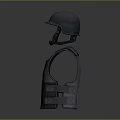 Tactical Protective Weapon Gear With Black Helmet And Purple Bulletproof Vest On Dark Reflective Background