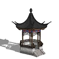 Traditional Chinese Pavilion With Wooden Structure Stone Base And Colorful Decorations