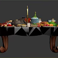 Abundant Assorted Dishes Fruits And Drinks On Long Table With Tablecloth And Wooden Legs