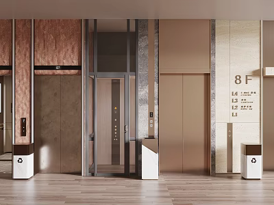 Modern Elevator Lobby Interior With 8F Sign And Trash Bins 3d model