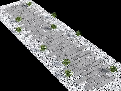 Natural Stone Stepping Path Design With White Pebbles And Small Plants 3d model