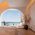 Modern Hotel Room With Arched Window Sea View White Bedding And Wooden Headboard