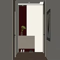 Modern Elevator Hallway Interior With Gray Doors Red Accent Wall Wooden Floor And Decorative Painting
