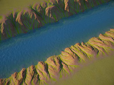Garden Landscape With Flowing River And Mountain Slopes And Lush Greenery 3d model