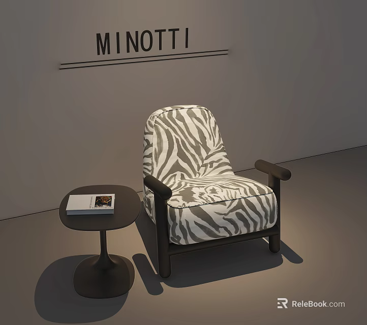 Minotti Zebra Pattern Single Chair With Small Round Table And Book 3d model